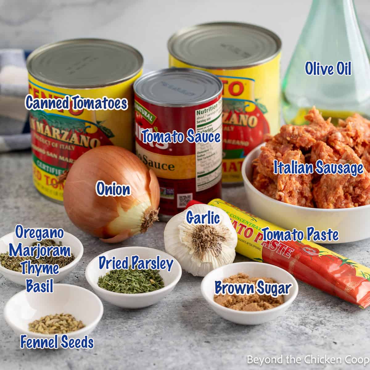 Ingredients for making spaghetti sauce with meat. 