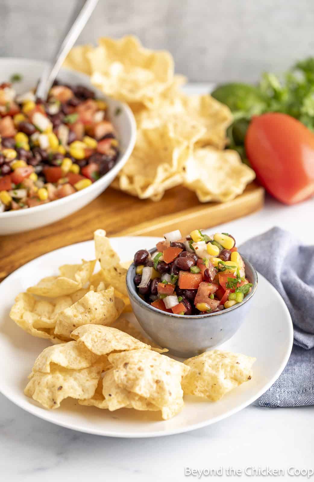 Chips on a plate alongside a bowl of salsa with black beans and corn. 