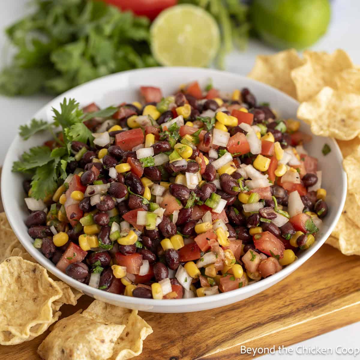 Black Bean Salsa with corn and tomatoes in a white bowl.