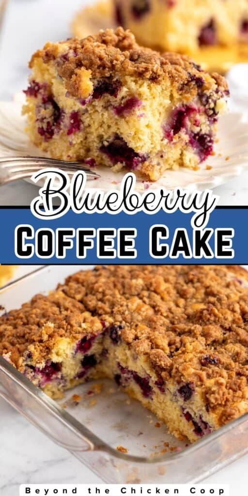 Coffee cake with a crumb topping and blueberries in a glass dish and on a small plate.