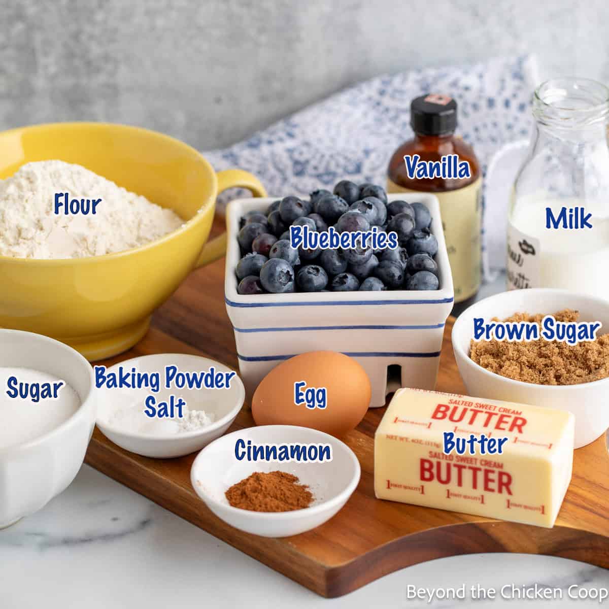 Fresh blueberries in a container and bowls of ingredients for making a coffee cake. 
