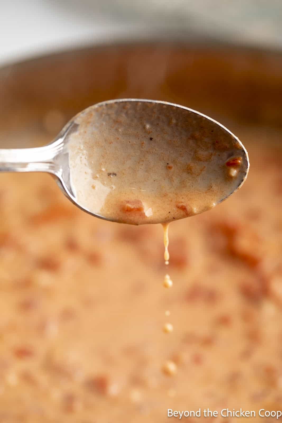 Sauce dripping off of a spoon. 