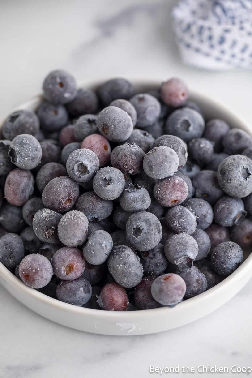 Frozen blueberries in a white bowl. 