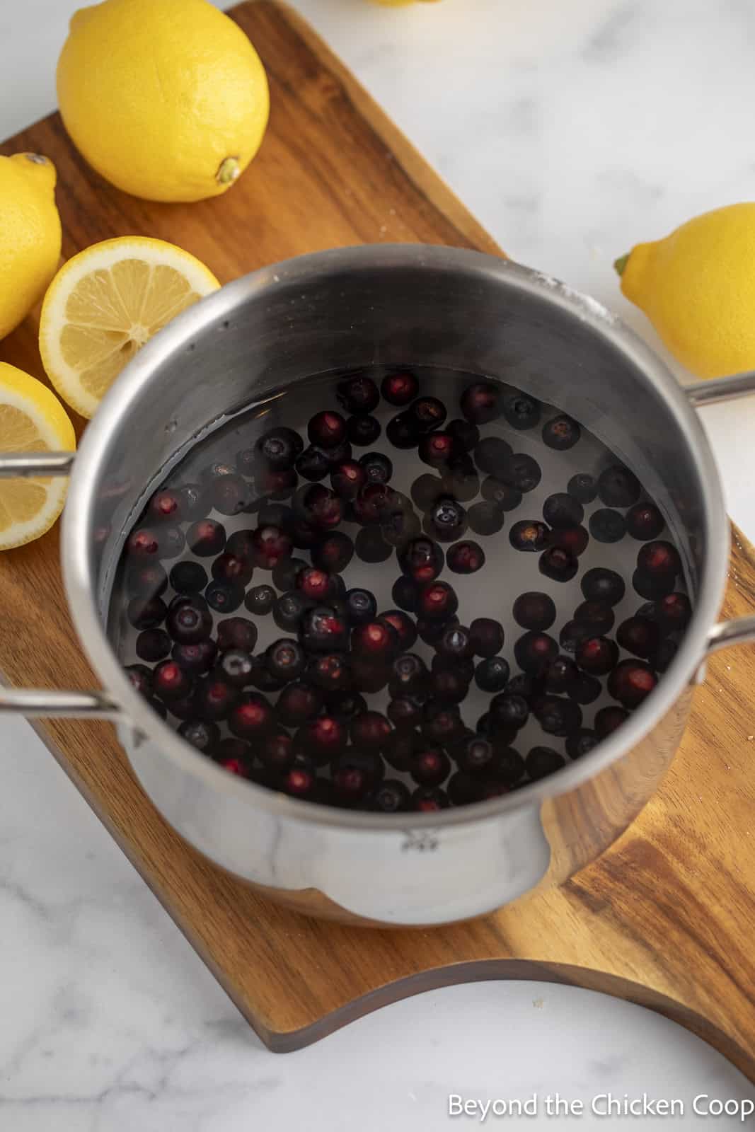 Huckleberries in a pot with water and sugar. 