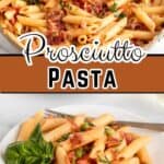 Ziti pasta with crispy prosciutto, a creamy sauce and peas.