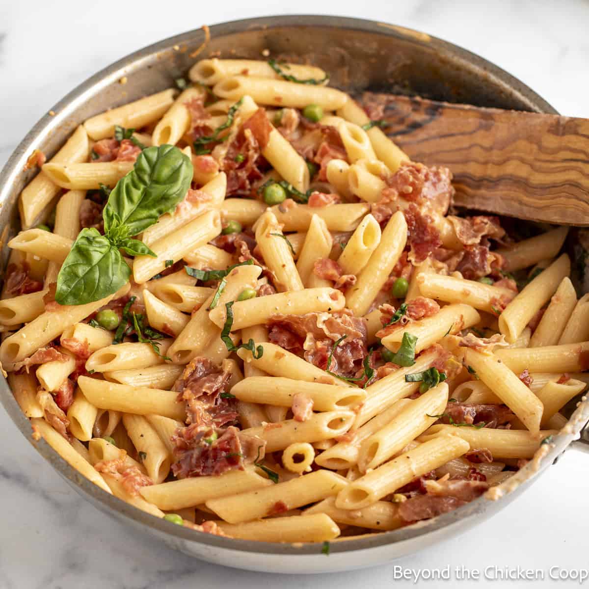 Prosciutto Pasta in a skillet.