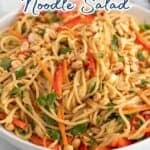 Pasta with carrots and bell peppers topped with peanuts.