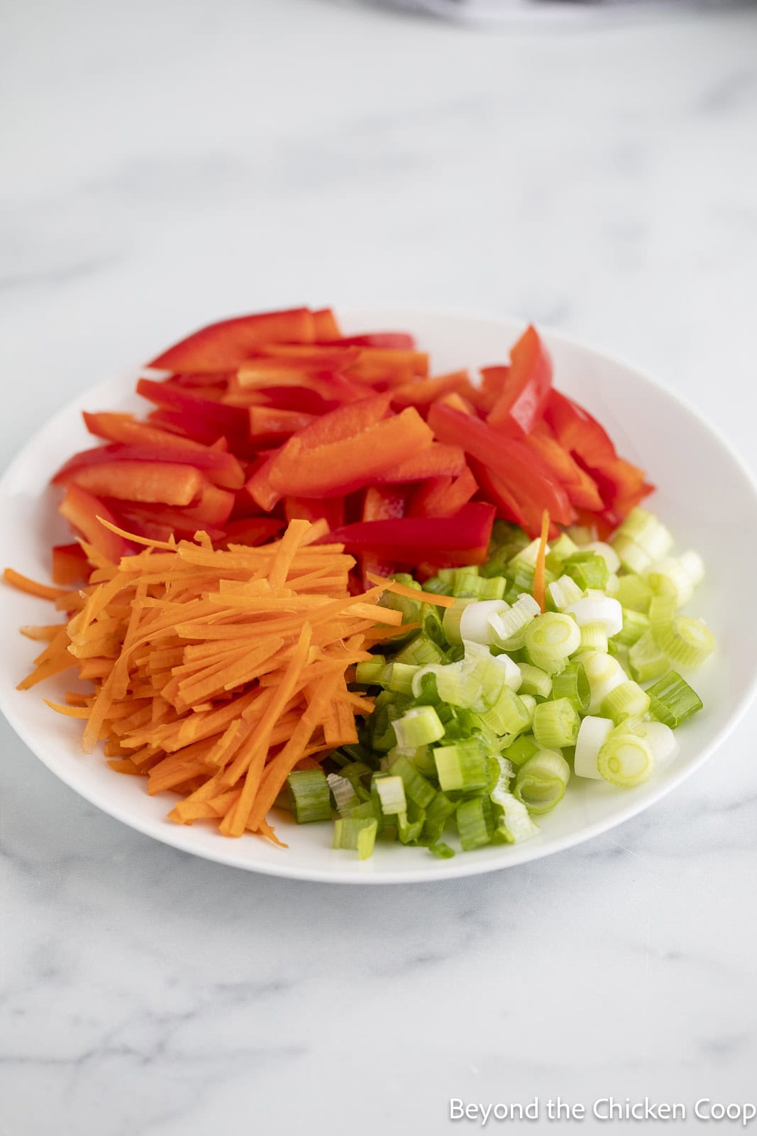 Sliced veggies in a white bowl. 