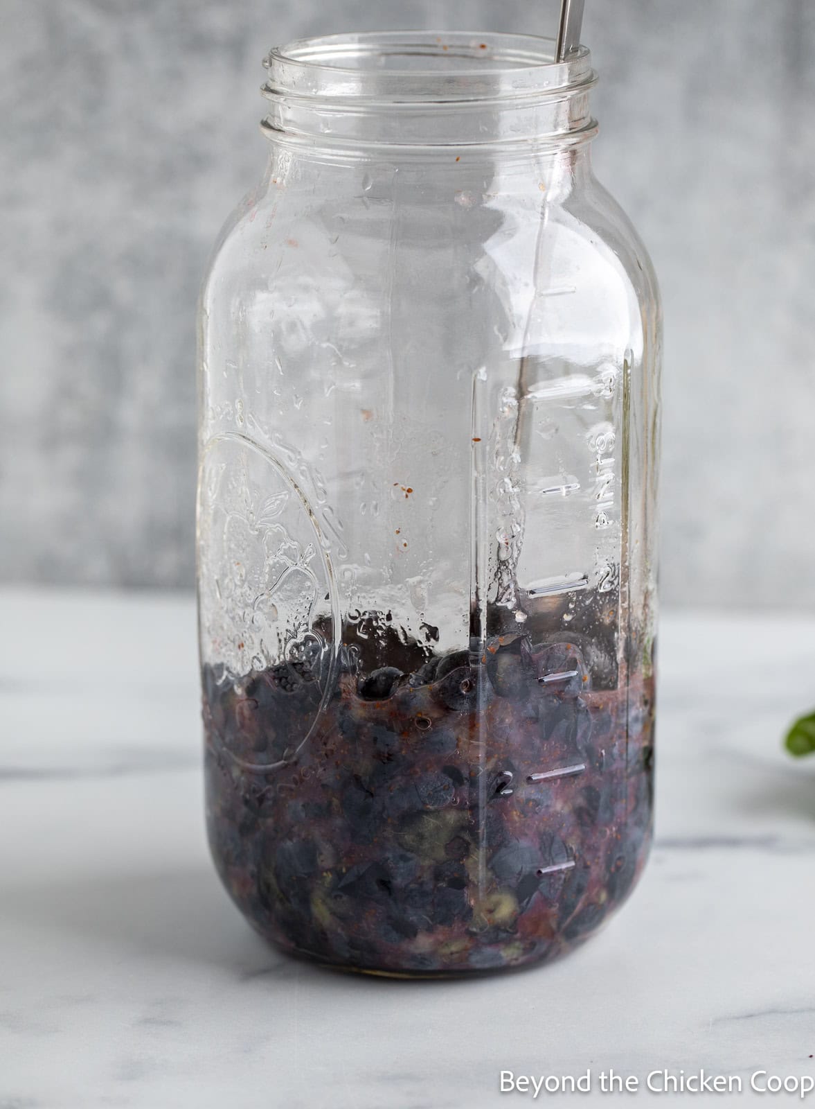 Mashed blueberries in a large jar. 