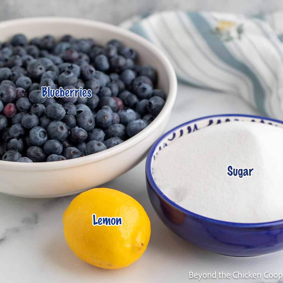 A bowlful of blueberries, a blue bowl with sugar, and a lemon. 
