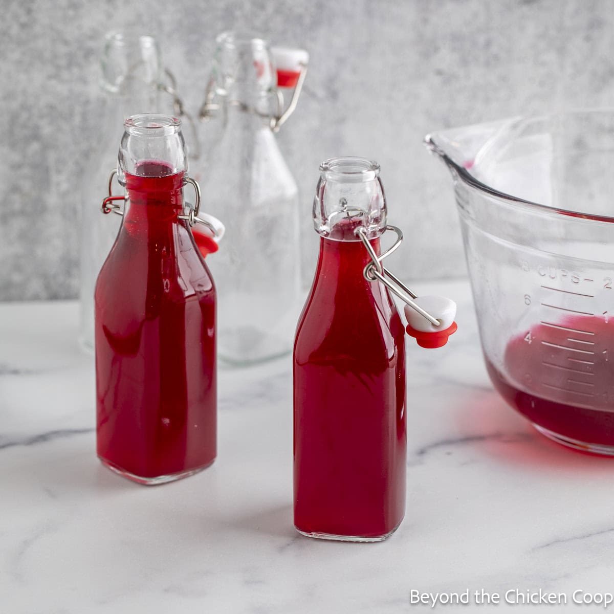 Small bottles filled with colored vinegar. 