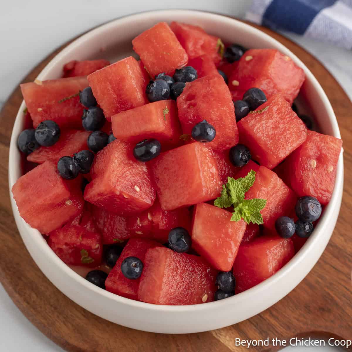 Blueberry Watermelon salad with mint in a white bowl.