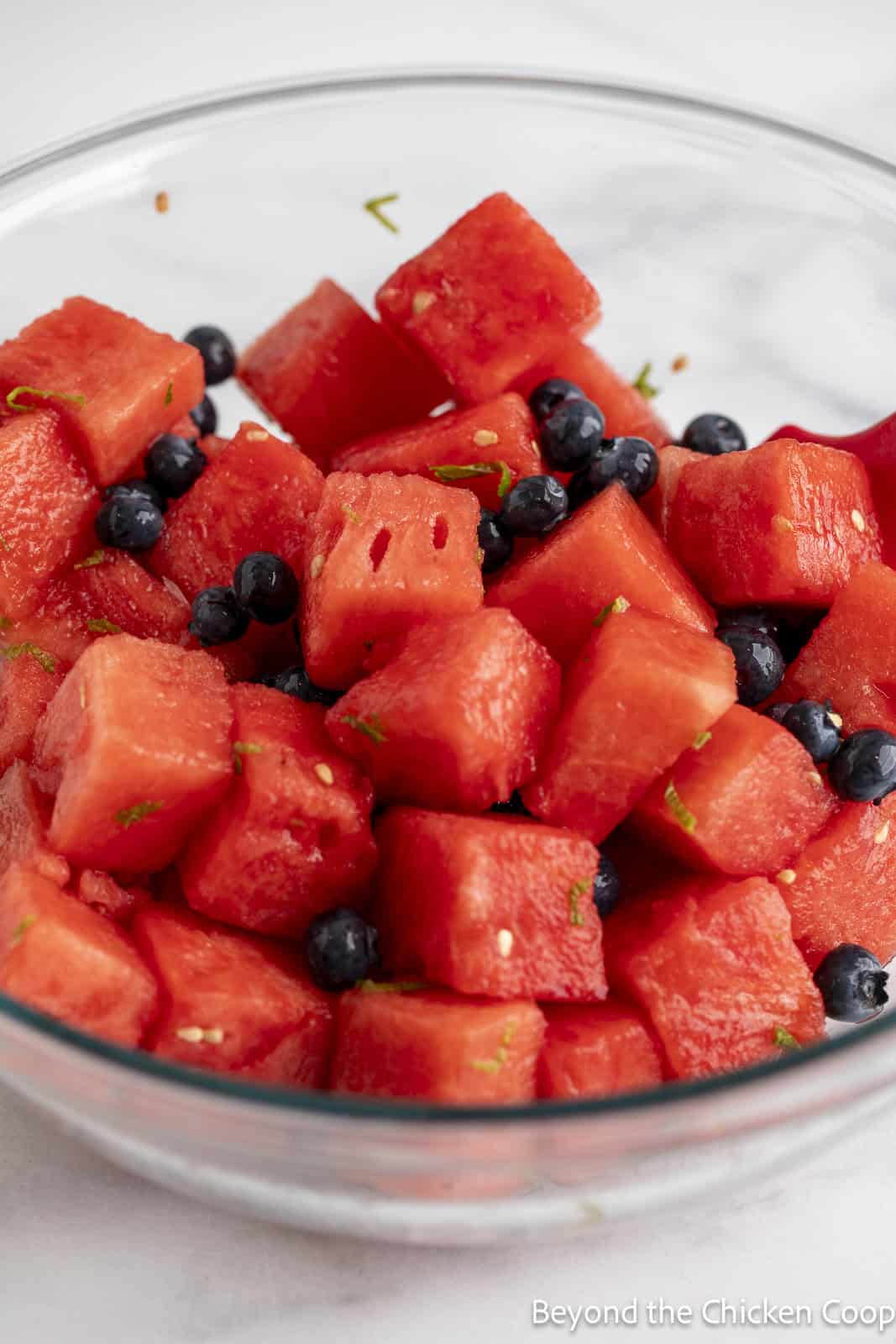 Blueberries and watermelon mixed in a bowl. 