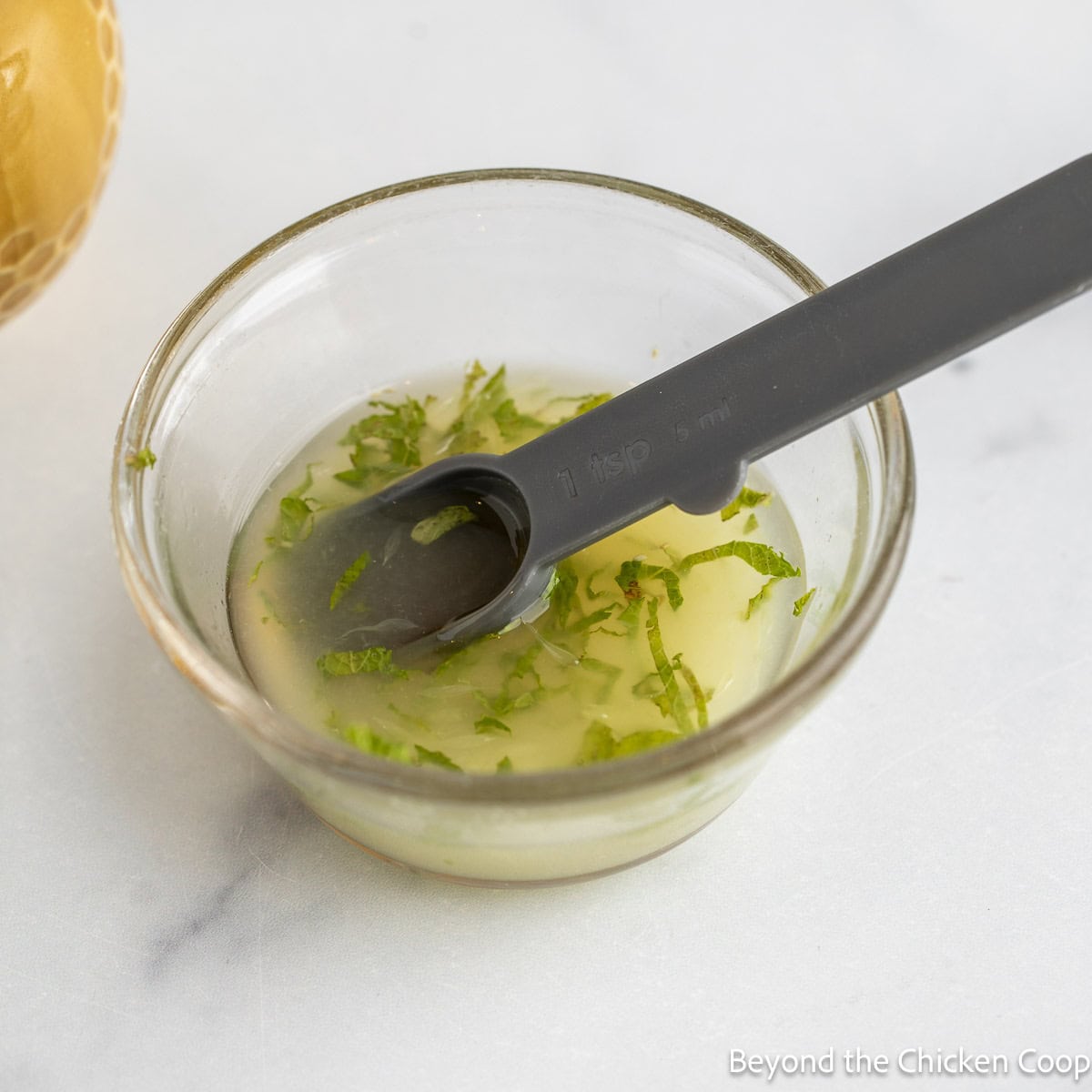 Lime juice and fresh mint in a little glass bowl. 