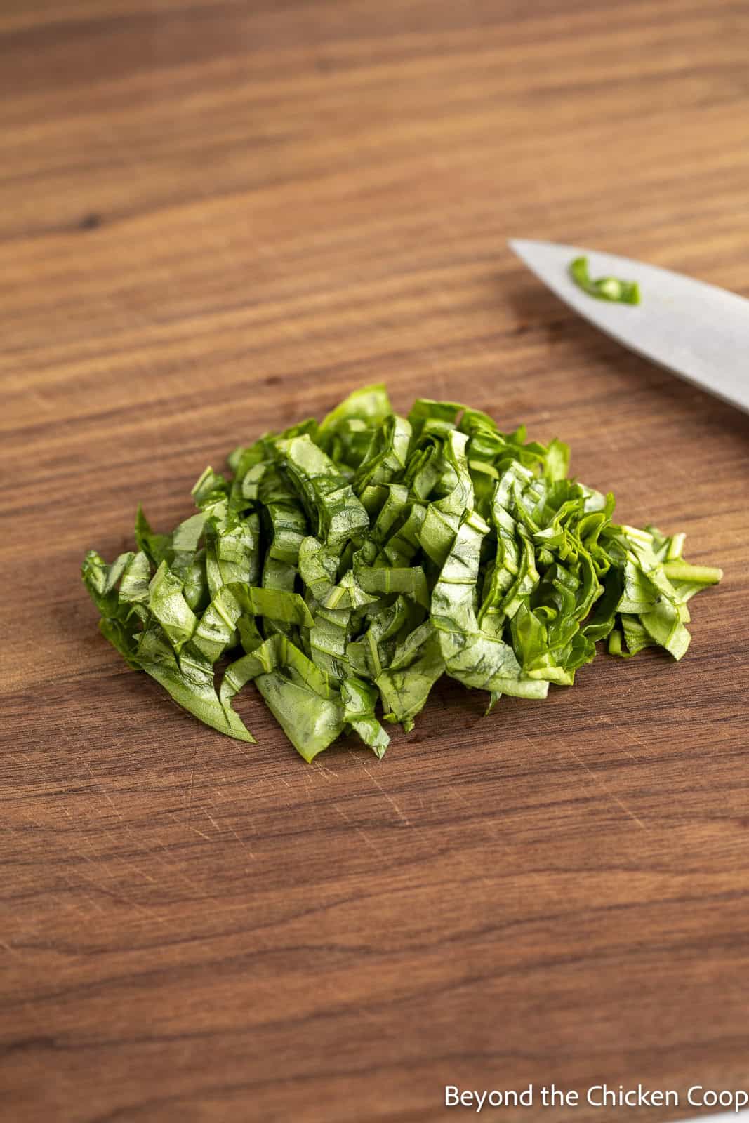 Chiffonade cut basil on a board. 