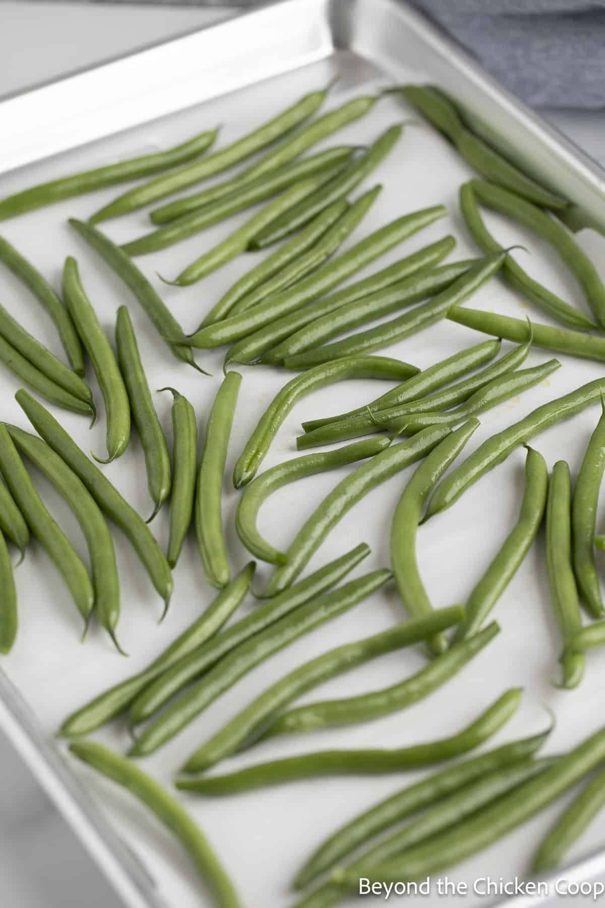 Green beans on a baking sheet lined with parchment paper. 