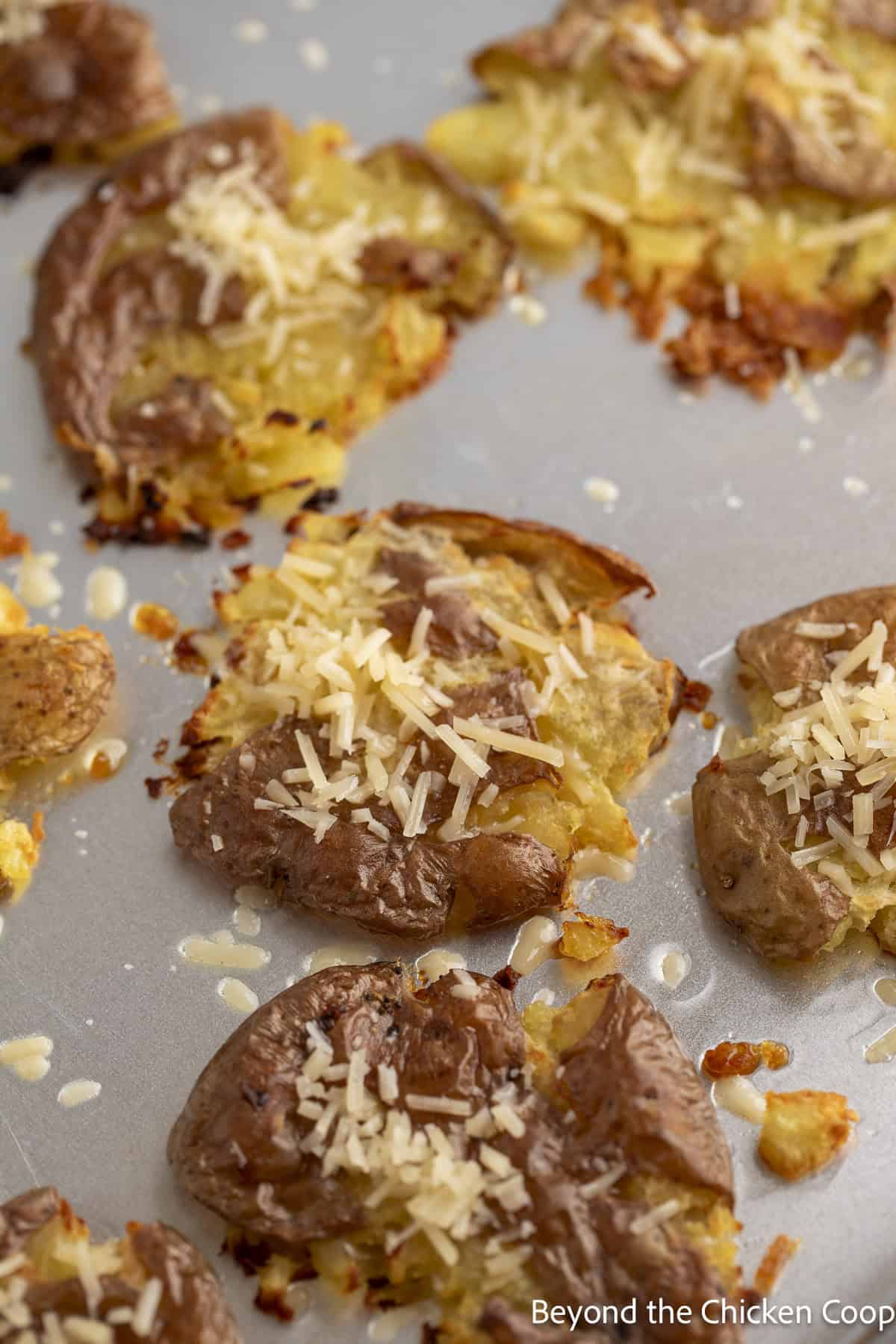 Parmesan cheese sprinkled on top of crispy smashed potatoes.