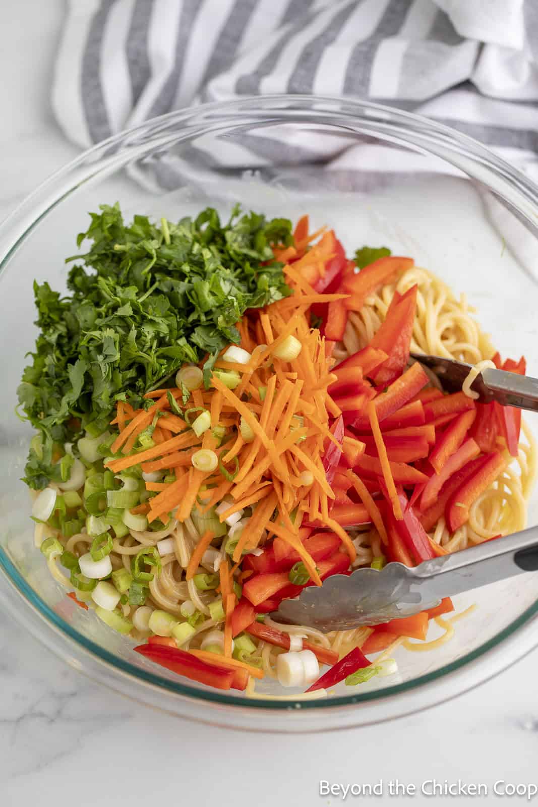Sliced veggies on top of spaghetti noodles. 