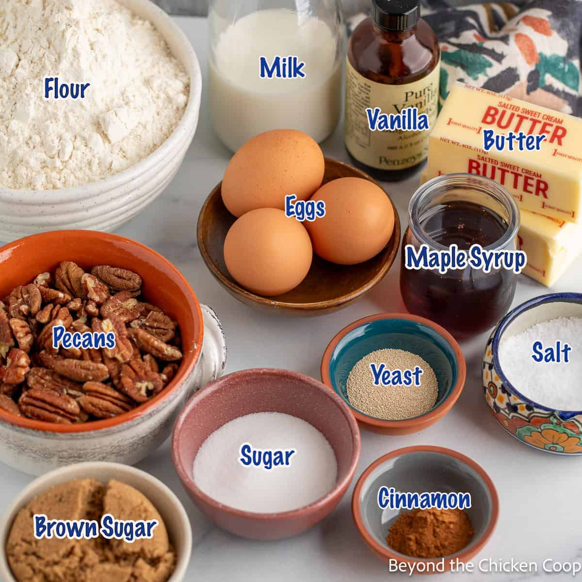 Ingredients used for making pecan sticky buns. 