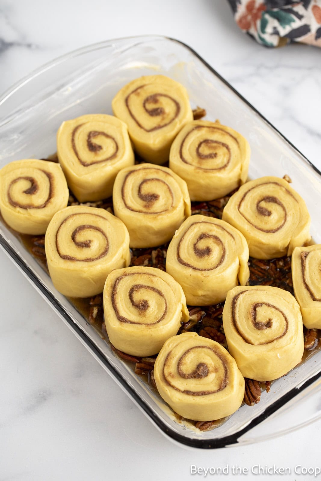 Uncooked cinnamon rolls in a pan. 