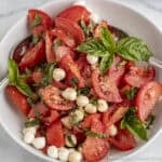 Tomato Basil Salad with mozzarella in a white bowl.