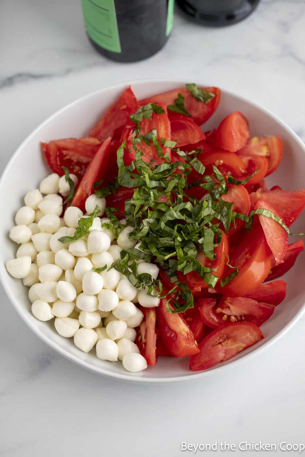 A bowl filled with fresh tomatoes, basil, and cheese. 