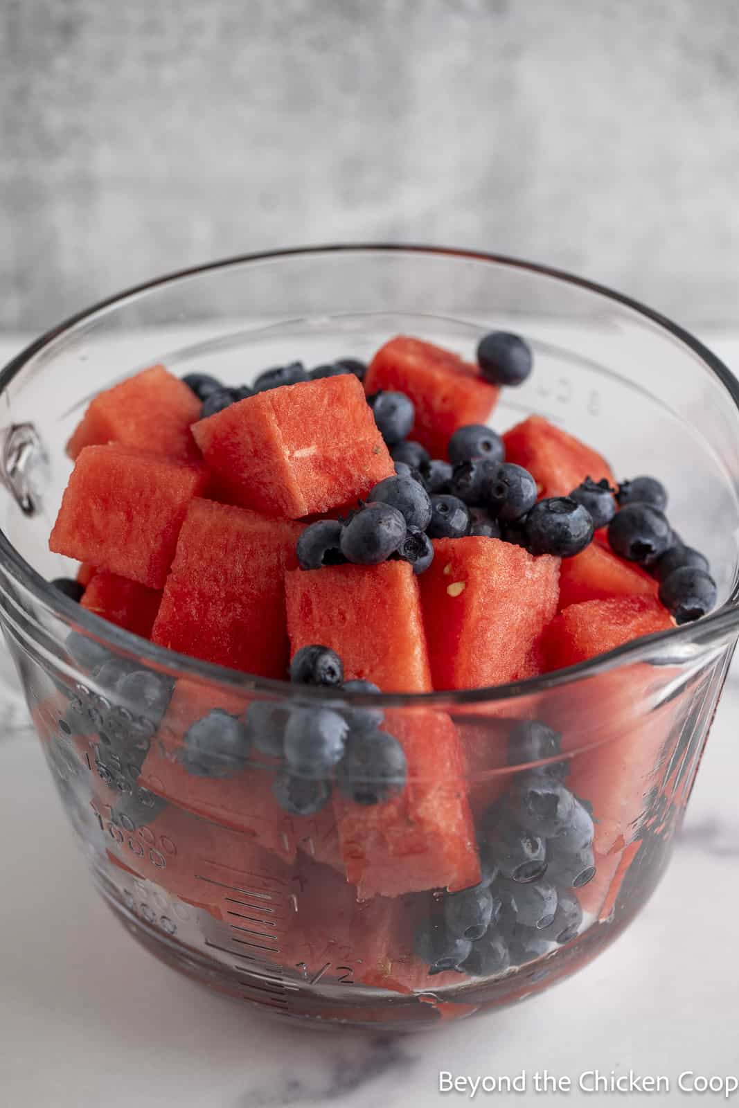 Cubed watermelon and blueberries in a bowl. 