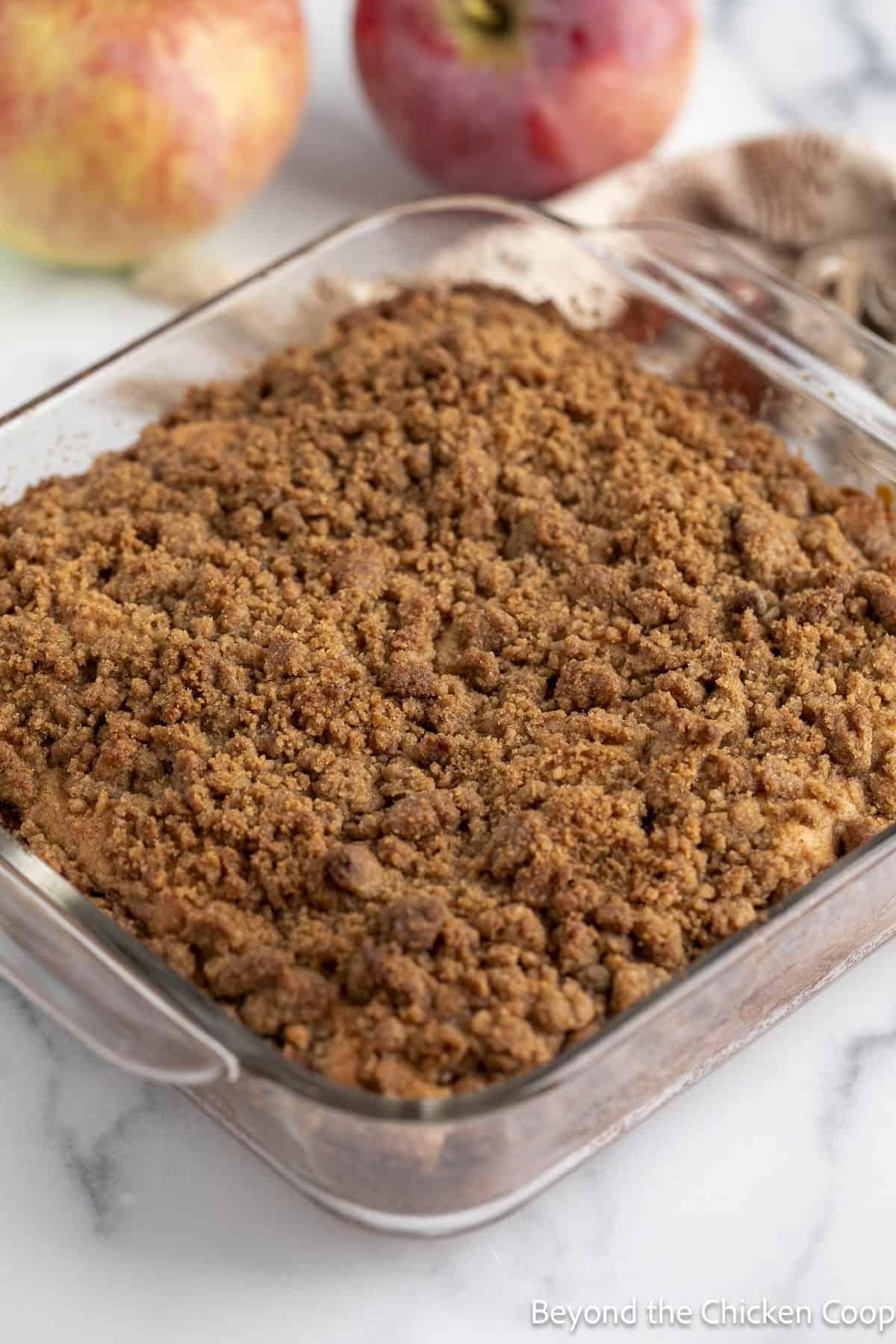 A baked coffee cake with a streusel topping. 