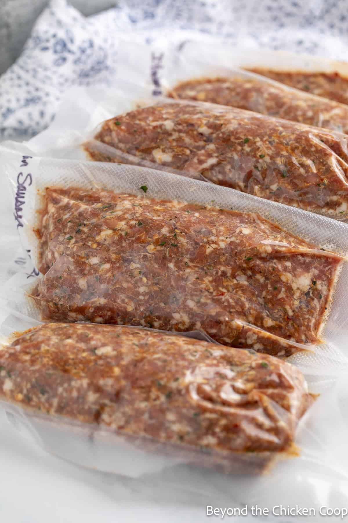 Freezer bags filled with homemade sausage. 