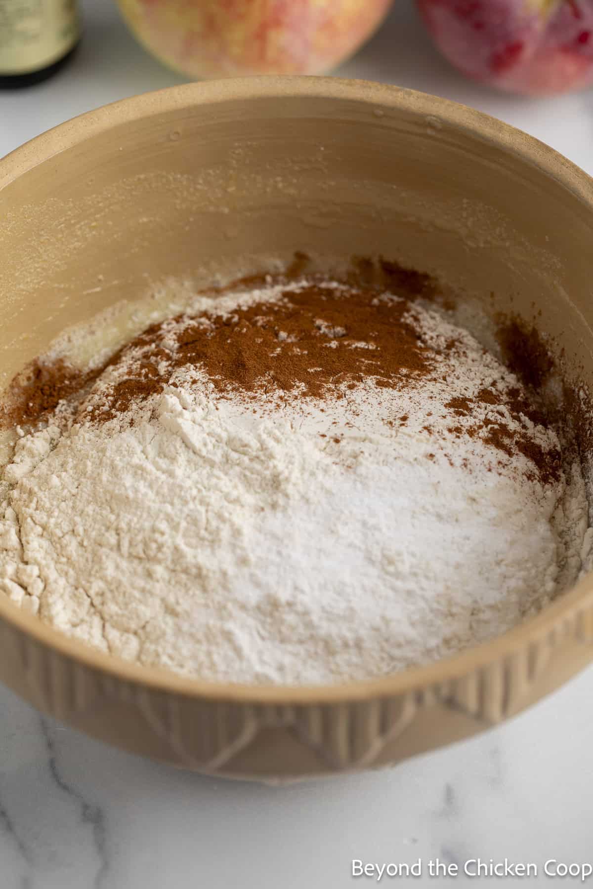 Flour and spices in a mixing bowl. 