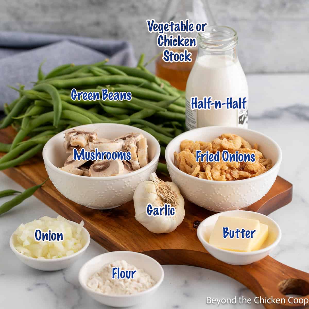 Ingredients for making homemade green bean casserole.