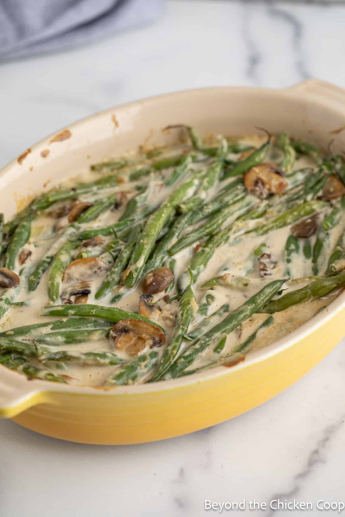 Green bean casserole in a casserole dish.