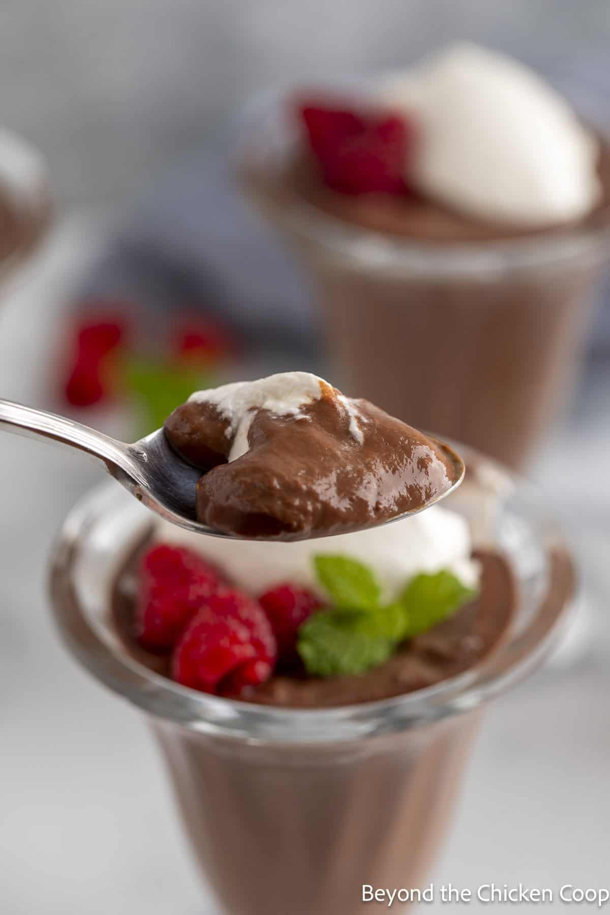 A spoonful of chocolate pudding with a bit of whipped cream. 