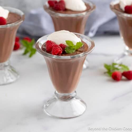A glass parfait filled with chocolate pudding and whipped cream.