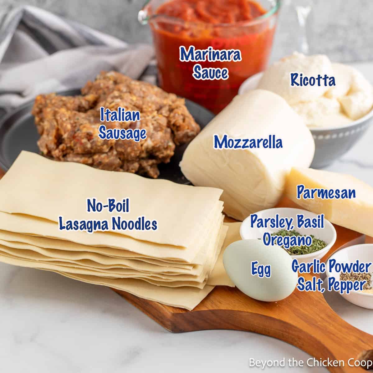 Ingredients for making a baked lasagna.