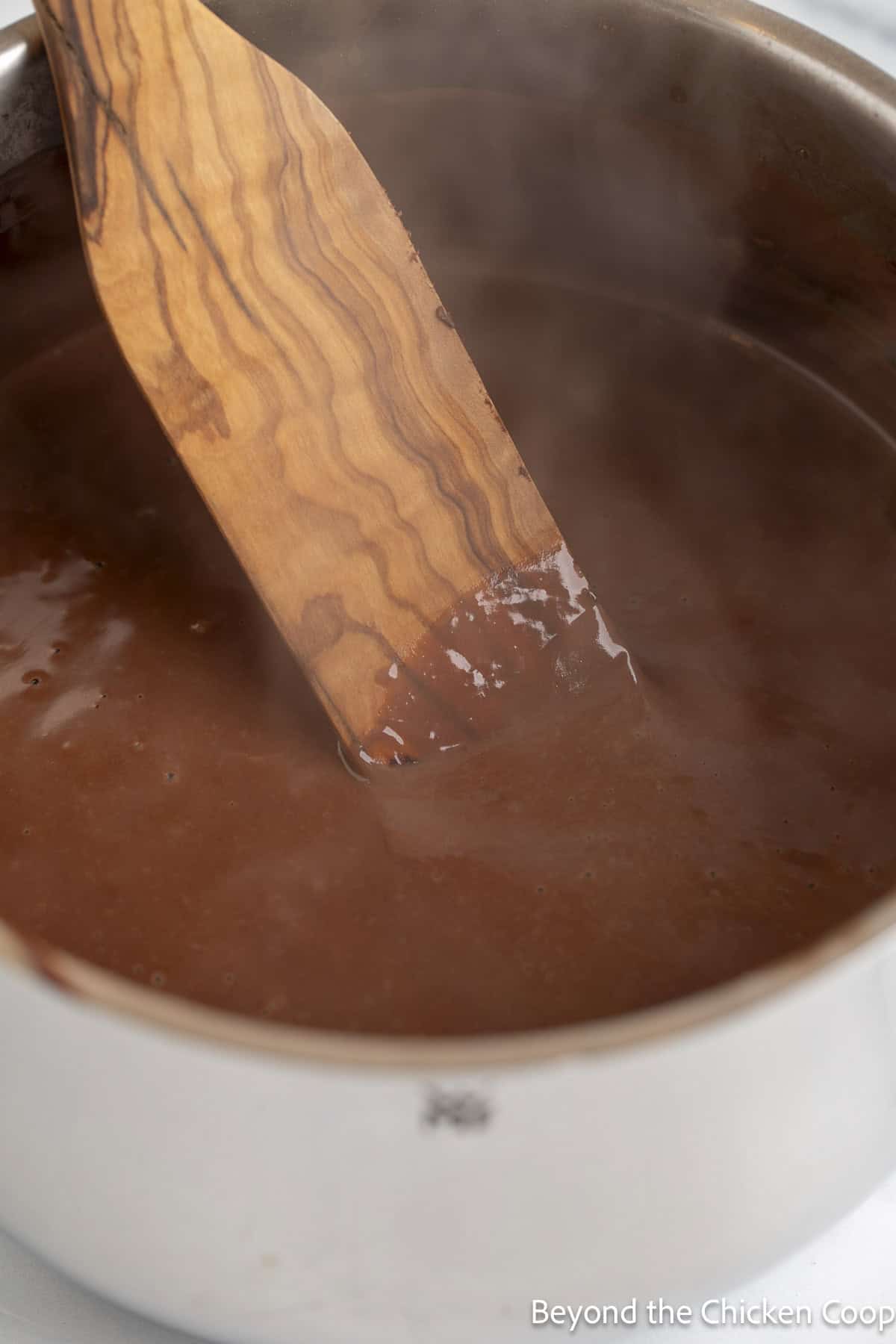 Thickened pudding in a saucepan. 