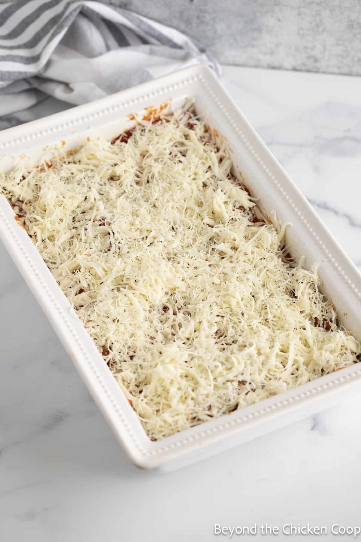 The final cheese topping of a lasagna.