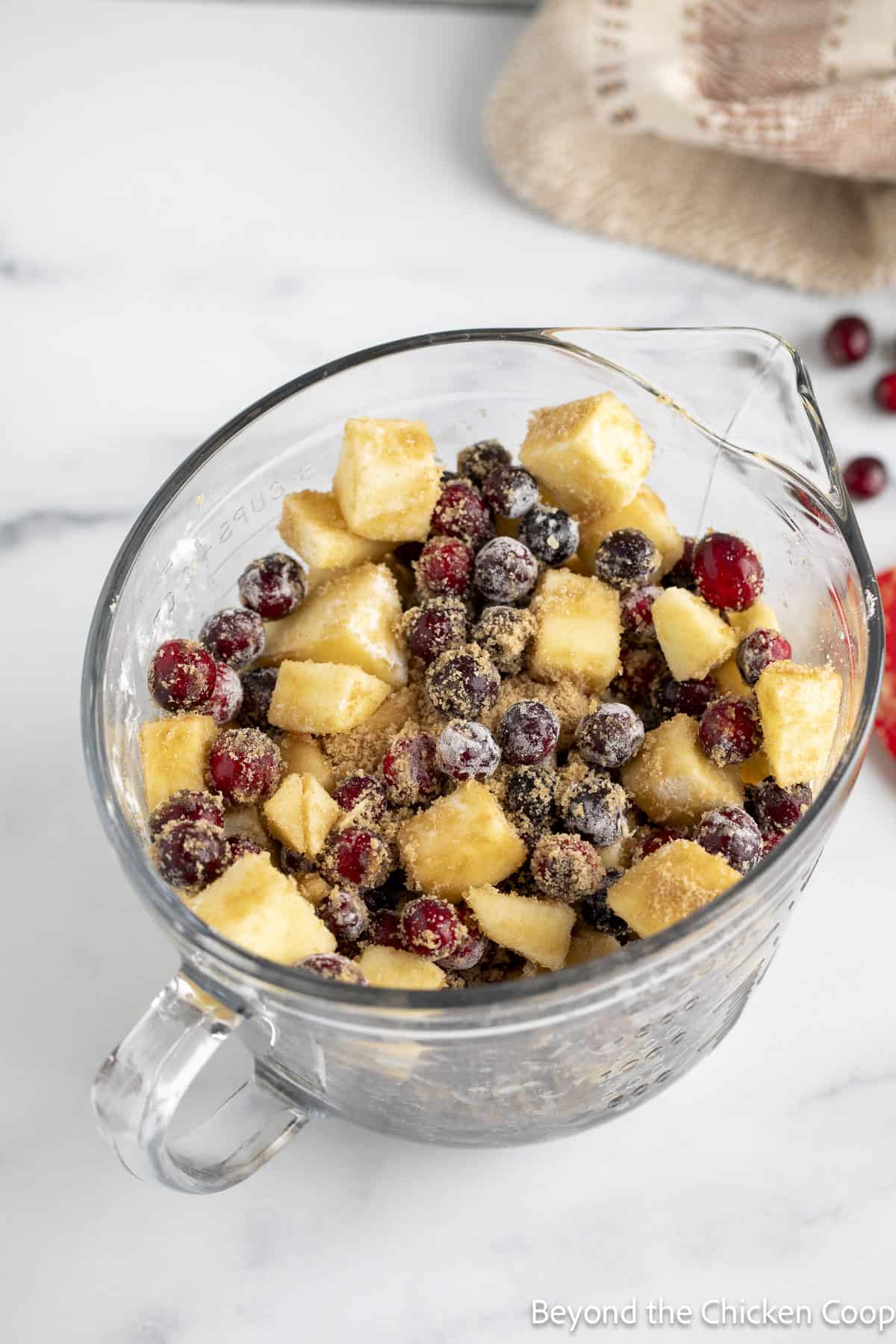 Chunks of apples and cranberries mixed together in a large bowl.