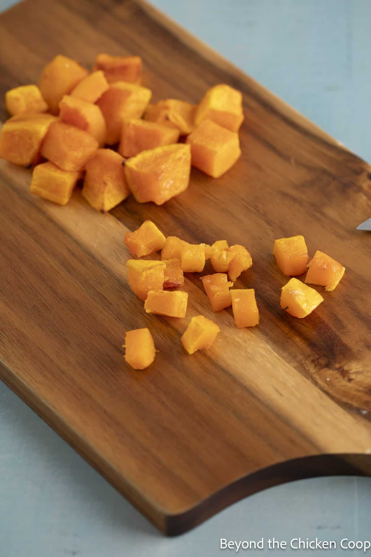 Cut butternut squash on a wooden board.