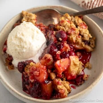 Cranberry Apple Crisp with a scoop of vanilla ice cream.