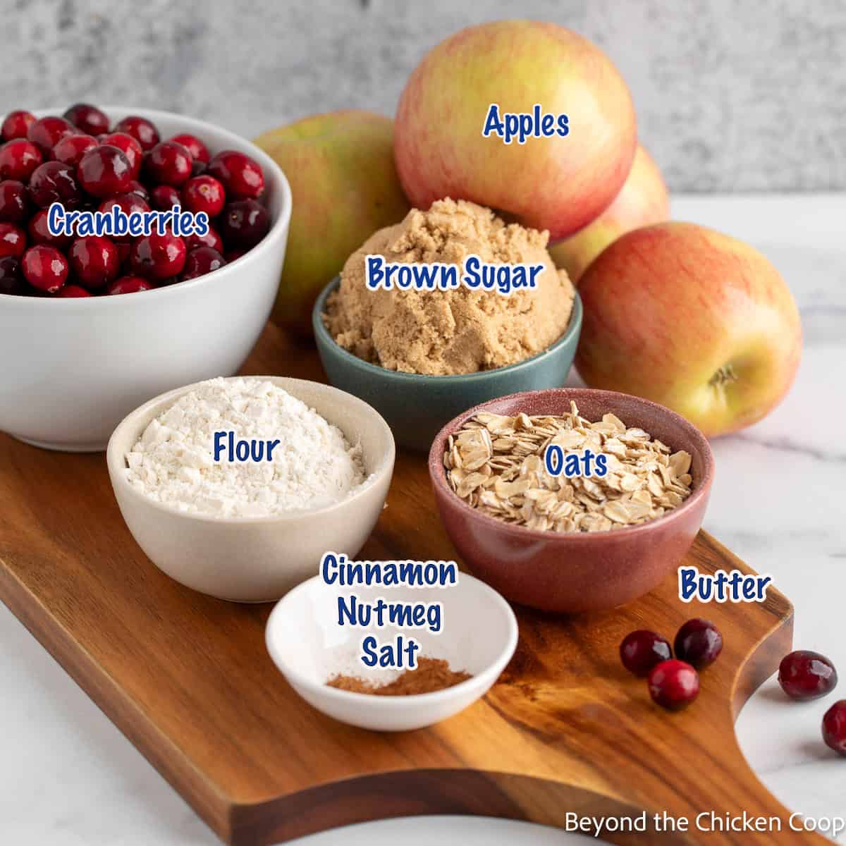 Apples, cranberries, oats, flour, and sugar in small bowls.