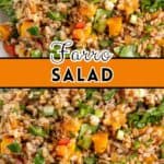 Butternut squash, spinach, and farro mixed into a salad.