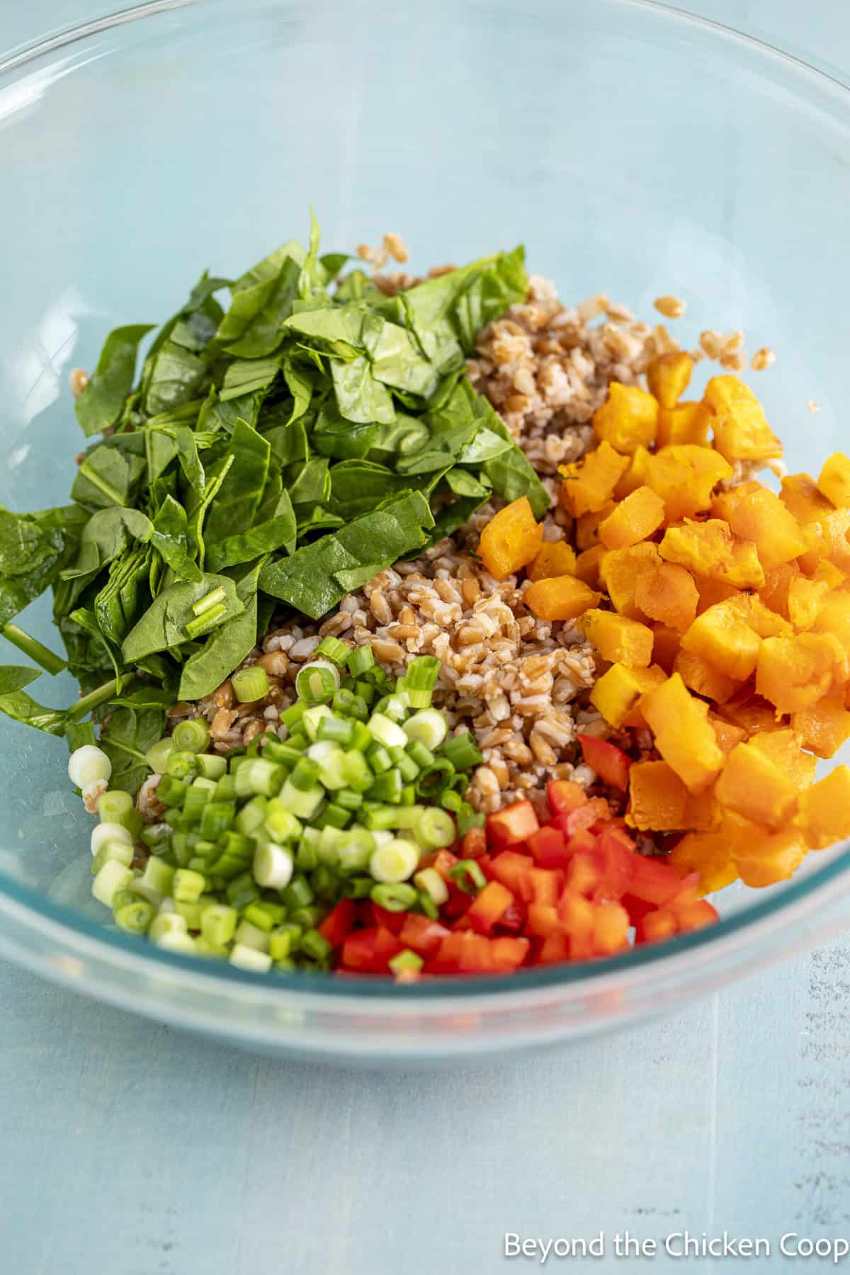 A glass bowl filled with squash, spinach, grains, bell pepper, and onions.