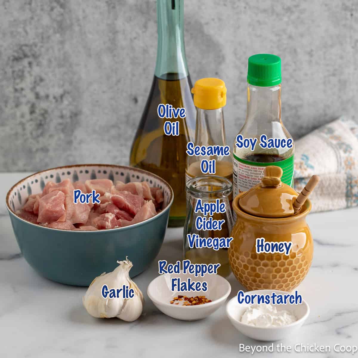 Ingredients displayed in small bowls and bottles.