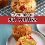 Cranberry muffins with nuts on a baking rack and on a plate.