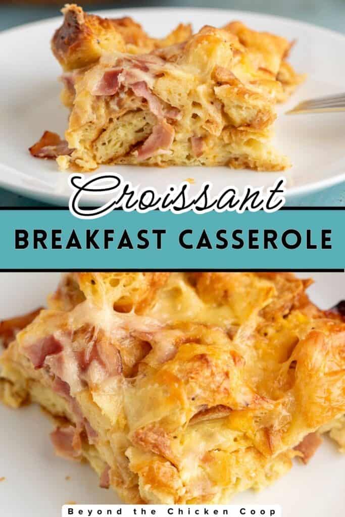 Sliced egg casserole on a white plate.