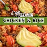 A rice casserole with chicken and black beans topped with sliced avocado.