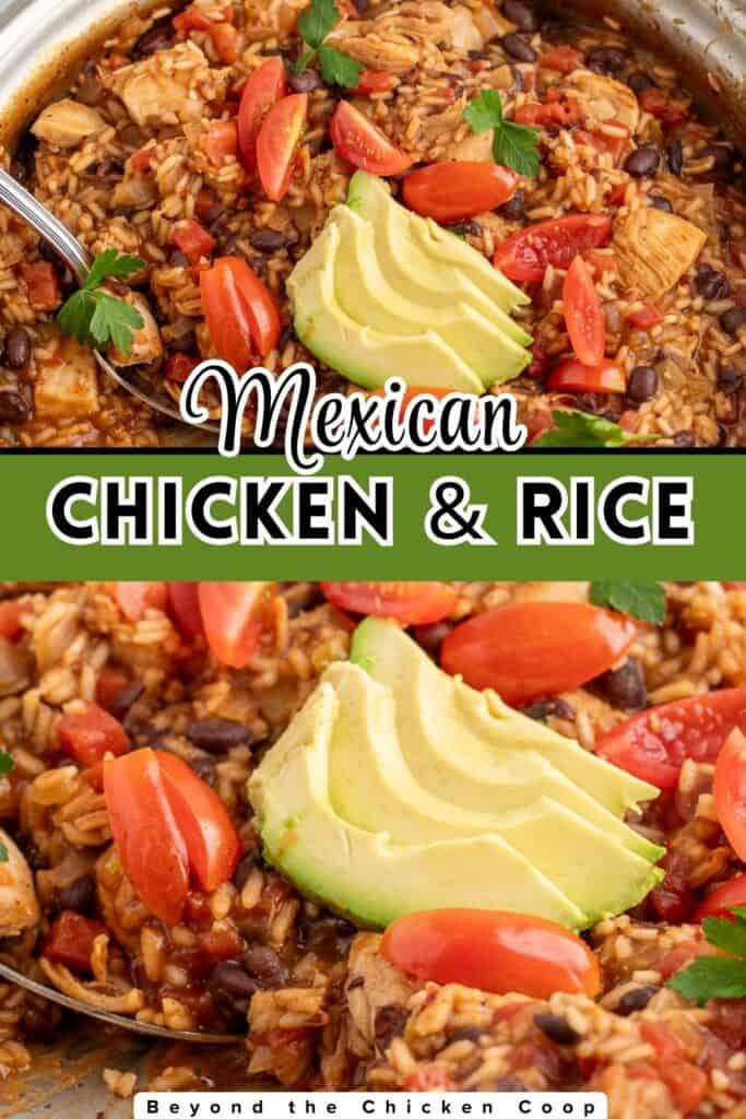 A rice casserole with chicken and black beans topped with sliced avocado.