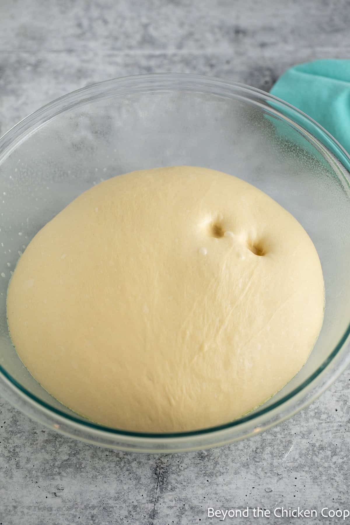 Fully proofed bread dough in a glass bowl.