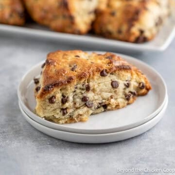 Chocolate Chip Scone on a small white plate.